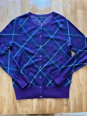 Lands' End Purple and Navy Argyle Button-Up Sweater